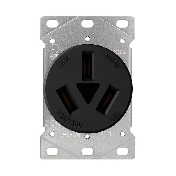 50 Amp 125/250V NEMA 10-50R Flush Mount Power Outlet, Single Straight Blade Range and Dryer Outlet Non-Grounding, Black