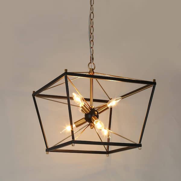 Modern Farmhouse 6-Light Black Caged Chandelier, 15.5 in. Brass Sputnik DIY Pendant Hanging Light for Dining Room, Foyer