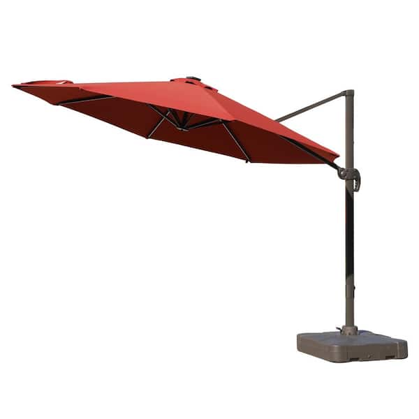 Kadehome 11 ft. Aluminum Pole Outdoor Cantilever Solar LED Lights Patio Umbrella with Crank and Base in Red