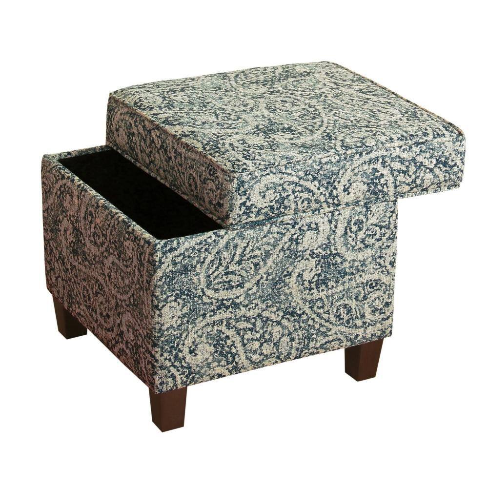Paisley Blue and Gray Fabric Upholstered Storage Ottoman