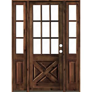 60 in. x 96 in. Alder 2 Panel Left-Hand/Inswing Clear Glass Red Mahogany Stain Wood Prehung Front Door w/Double Sidelite