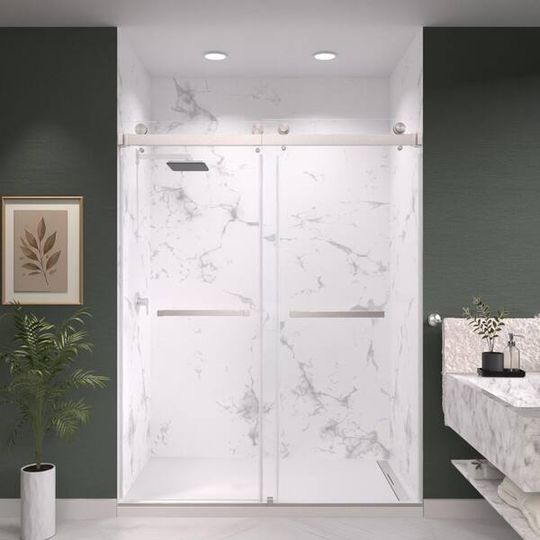 Catalyst 60 in. W x 84 in. H Double Sliding Frameless Shower Door in Brushed Nickel with 3/8 in. Clear Glass
