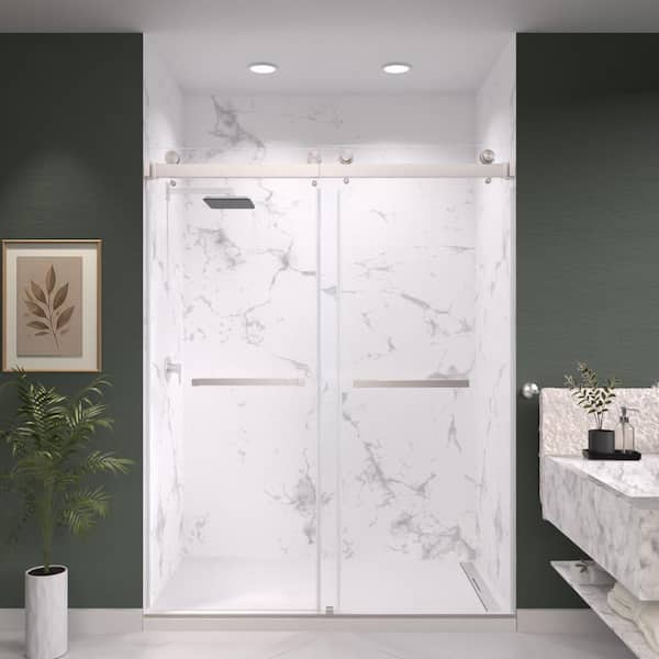 Catalyst 72 in. W x 76 in. H Double Sliding Frameless Shower Door in Brushed Nickel 3/8 in. Clear Glass