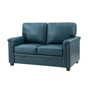 Samuel 56 in. Wide Turquoise Leather Rectangle 2-Seat Sofa with Solid Wooden Legs