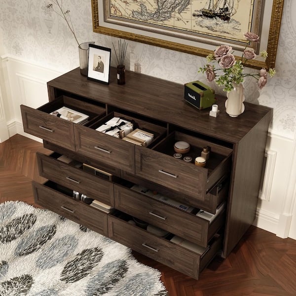 Walnut 9-Drawer 60 in. Bedroom Dresser with Spacious Top, Raised Legs, Metal Handles, Modern Chest of Drawers with