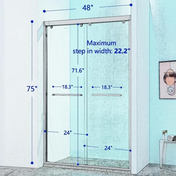 CASAINC 44-48 in. W x 75 in. H Double Sliding Aluminum Alloy Frame Shower Door in Chrome with 5/16 in. Clear Glass