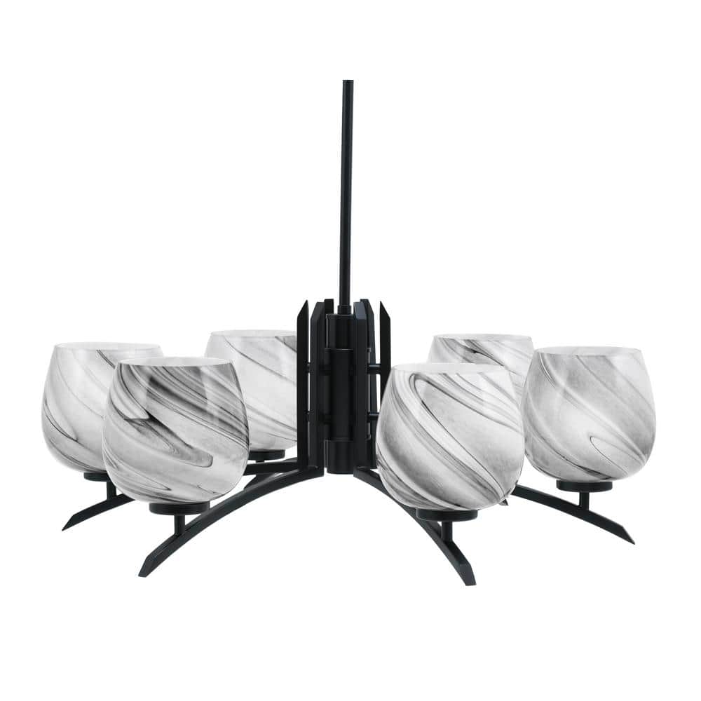 Siena 6-Light Matte Black Chandelier, Round Chandelier with Onyx Swirl Glas