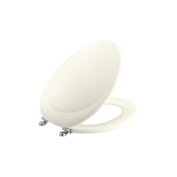 KOHLER Revival Elongated Closed Front Toilet Seat with Brushed Chrome Hinges in Biscuit-DISCONTINUED
