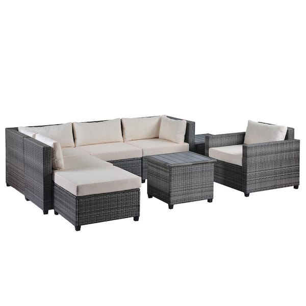URTR 8-Piece Patio Furniture, Outdoor Conversation Set, Rattan Wicker Sofa Set with 2 Tables for Yard Poolside, Beige Cushion