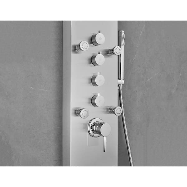 65 in. 8-Jet Shower Panel System in Stainless Steel with Adjustable Rainfall Shower Head, Handshower Wand and Tub Spout