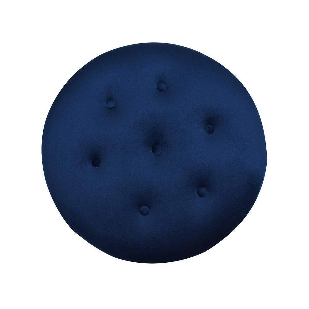 Navy Blue Velvet Tufted Round Ottoman with Fringe