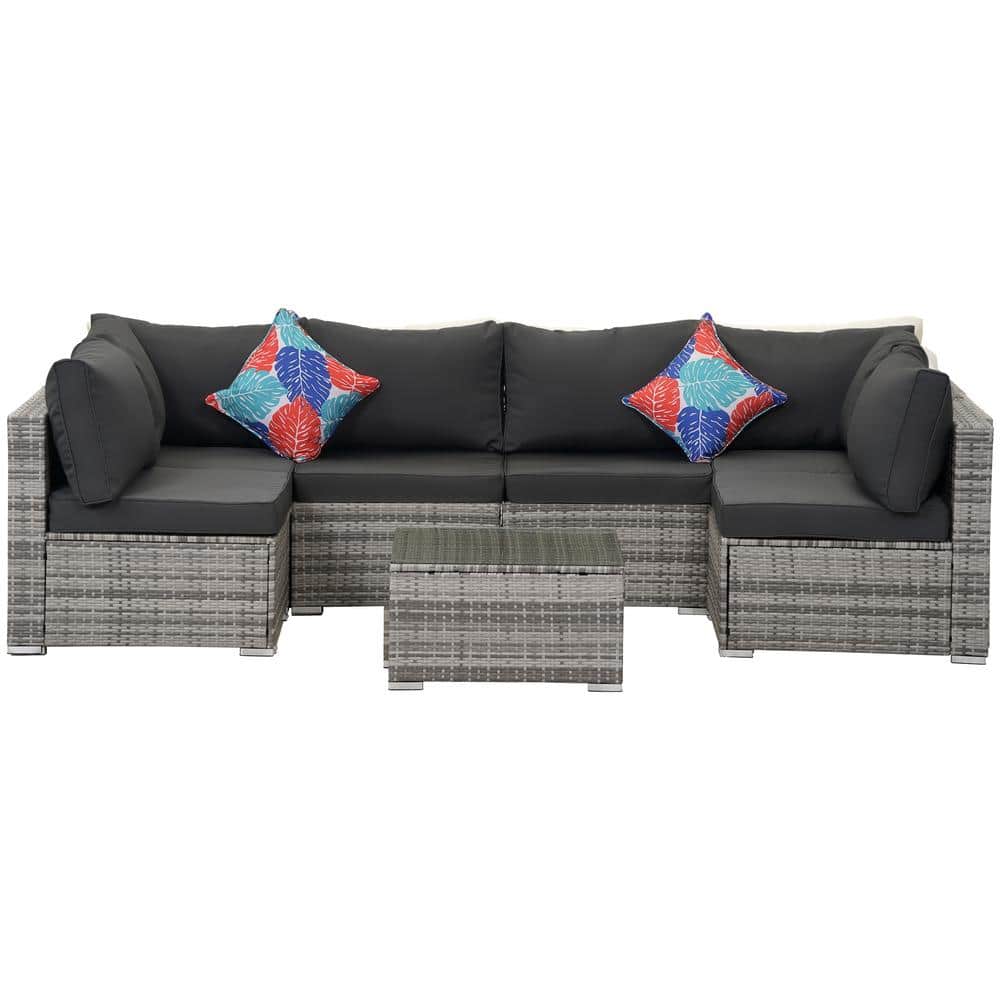 Gray 7-Piece Rattan Sectional Garden Furniture Corner Sofa Set