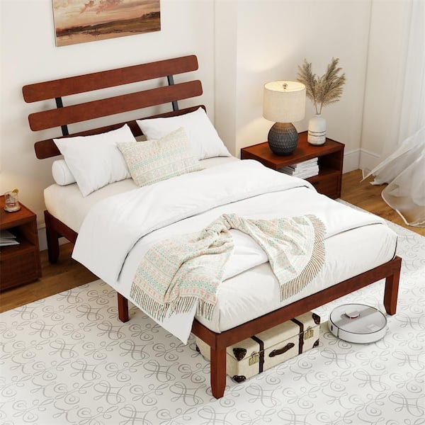 Brown Wood Frame Full Size Platform Bed with Retro Headboard and Under-Bed Storage Space