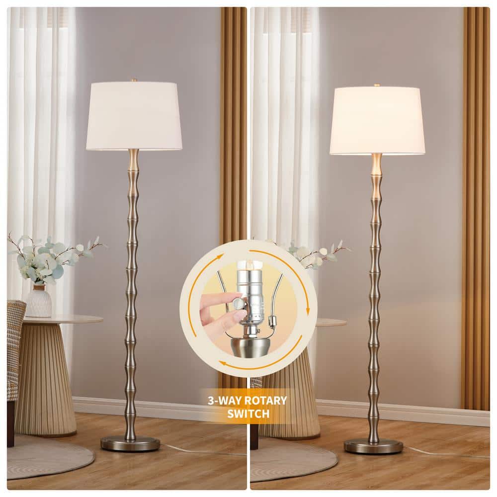 Brushed Nickel Bamboo Design Floor Lamp with White Drum Shade