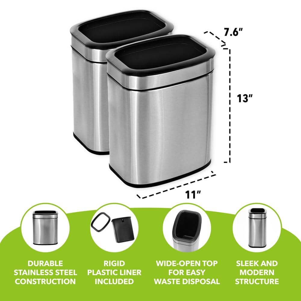 Compact Brushed Stainless Steel Rectangular Office Trash Can Set