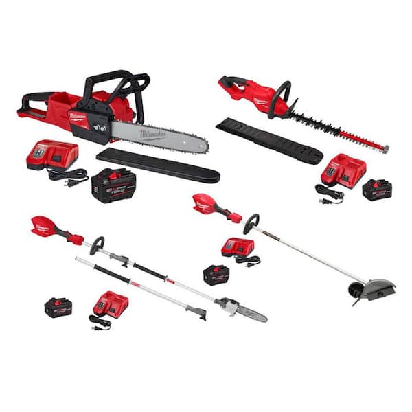 M18 FUEL 16 in. 18V Lithium-Ion Brushless Battery Chainsaw Kit w/ M18 Pole Saw Kit, M18 Hedge Trimmer Kit, M18 Edger Kit