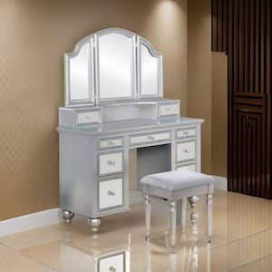 2-Piece Silver and Gray Makeup Vanity Set with Stool and 9 Storage Drawers