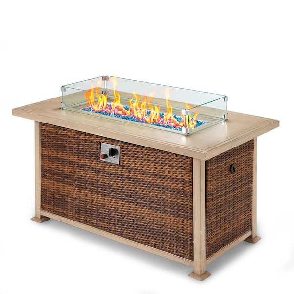 Unbranded Brown 50 in. Propane Wicker Outdoor Fire Pit Table Fire Table with Glass Wind Guard