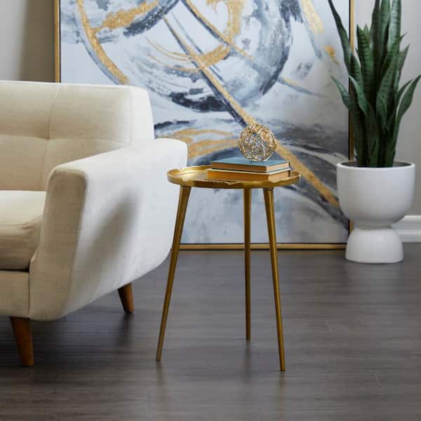 Litton Lane 16 in. Gold Large Round Aluminum End Accent Table with Tray Top