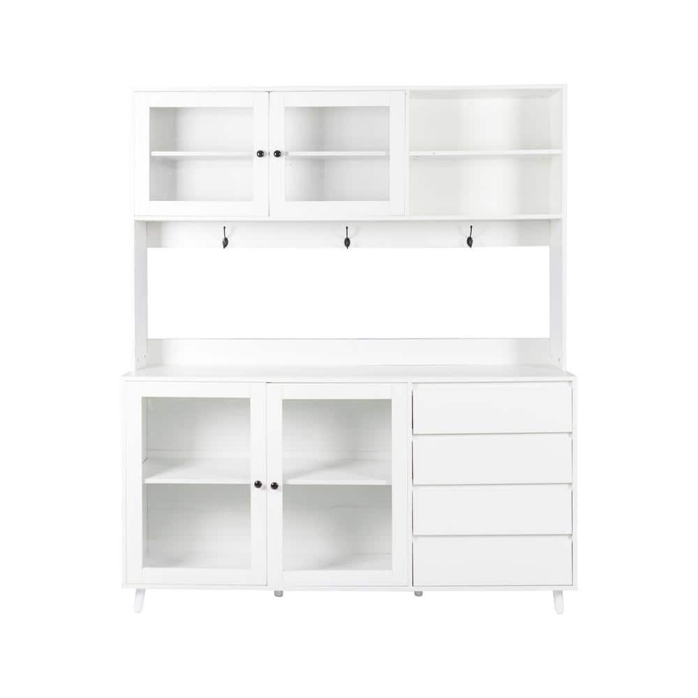 White Wood 63 in. W Large Kitchen Pantry Cabinet with 4 Doors, 4