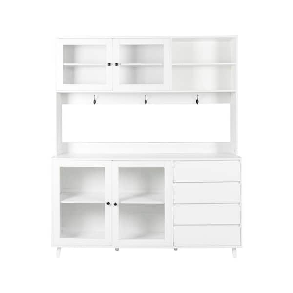 White Wood 63 in. W Large Kitchen Pantry Cabinet with 4 Doors, 4