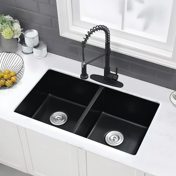 LANDOLT Quartz Matte Black 32 in. 50/50 Double Bowl Composite