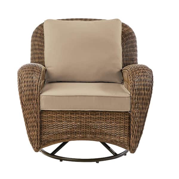 Hampton Bay Beacon Park Brown Wicker Outdoor Patio Swivel Lounge Chair with Sunbrella Beige Tan Cushions
