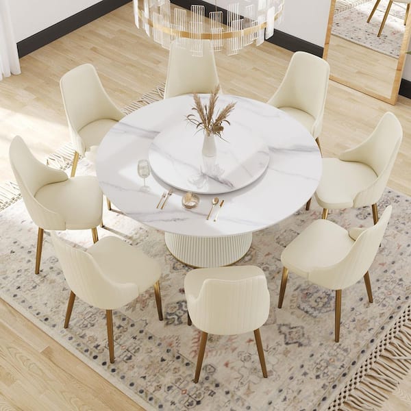 Magic Home 59.05 in. White Circular Rotable Sintered Stone Tabletop with Lazy Susan Pedestal Base Kitchen Dining Table (Seats-8)