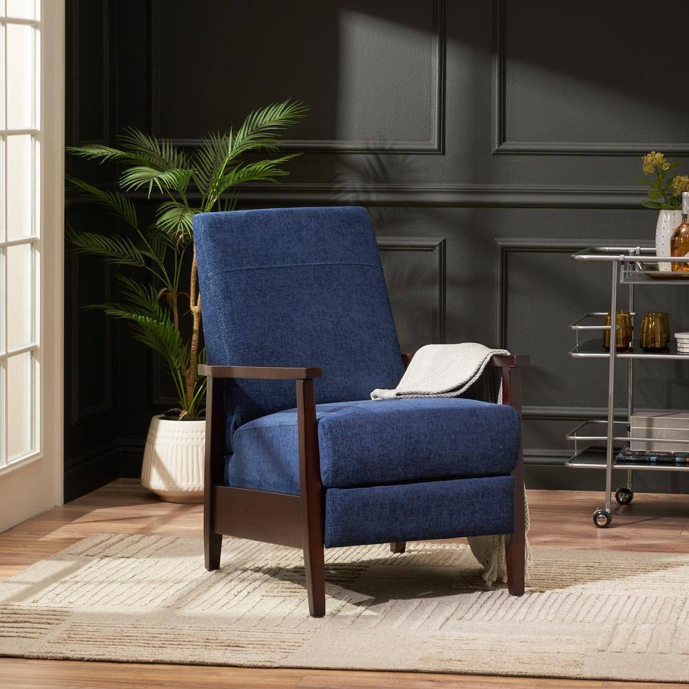 Navy Blue and Chocolate Brown Polyester Club Recliner with Wood Frame
