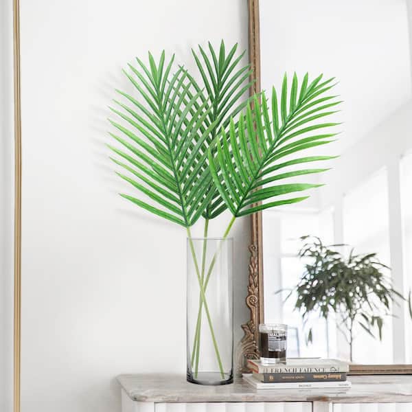 LIVING LUXURY 25.5 in. Artificial Hawaiian Areca Palm Leaf Stem Tropical Plant Greenery Foliage Spray Branch (Set of 3)