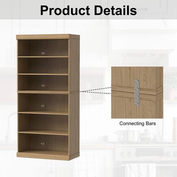 Dovelina 67 in. Tall Natural Wood 6-Shelf Standard Bookcase with