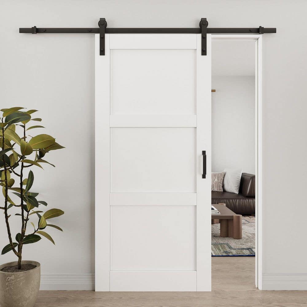 36 in. x 80 in. Paneled 3-Lite White Primed MDF Sliding Barn Door with Hardware Kit price history on PriceWatchPro