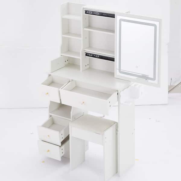 2-Piece White Vanity Table Set with Cushioned Stool, Sliding LED Mirror, and Power Station