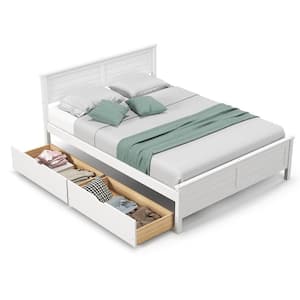 White Wooden Frame Full Platform Bed with 2-Storage Drawers and Under-bed Storage
