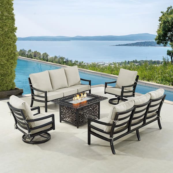 Black 5-Piece Aluminum Patio Fire Table Set with 2-Deep Seating Sofa with Light Gray Cushions and 2-Club Chairs