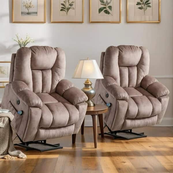 Bestier Set of 2- 40.6 in. W Light Brown Microfiber Oversize Power Lift Recliner Chair with Massage and Heating