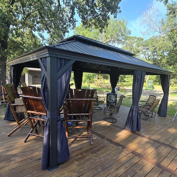 PURPLE LEAF 12 ft. x 20 ft. Gray Aluminum Power-Coated Frame Galvanized Steel Double Roof Hardtop Gazebo,Hooks,Blue Curtain