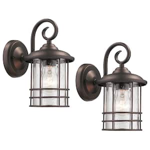 9.8 in. Oil Rubbed Bronze Outdoor E26 Light Control Wall Lantern Sconce w/Clear Seeded Glass Shade (1-Light) (Set of 2)