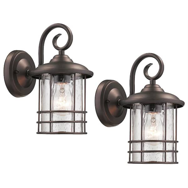 Unbranded 9.8 in. Oil Rubbed Bronze Outdoor E26 Light Control Wall Lantern Sconce w/Clear Seeded Glass Shade (1-Light) (Set of 2)