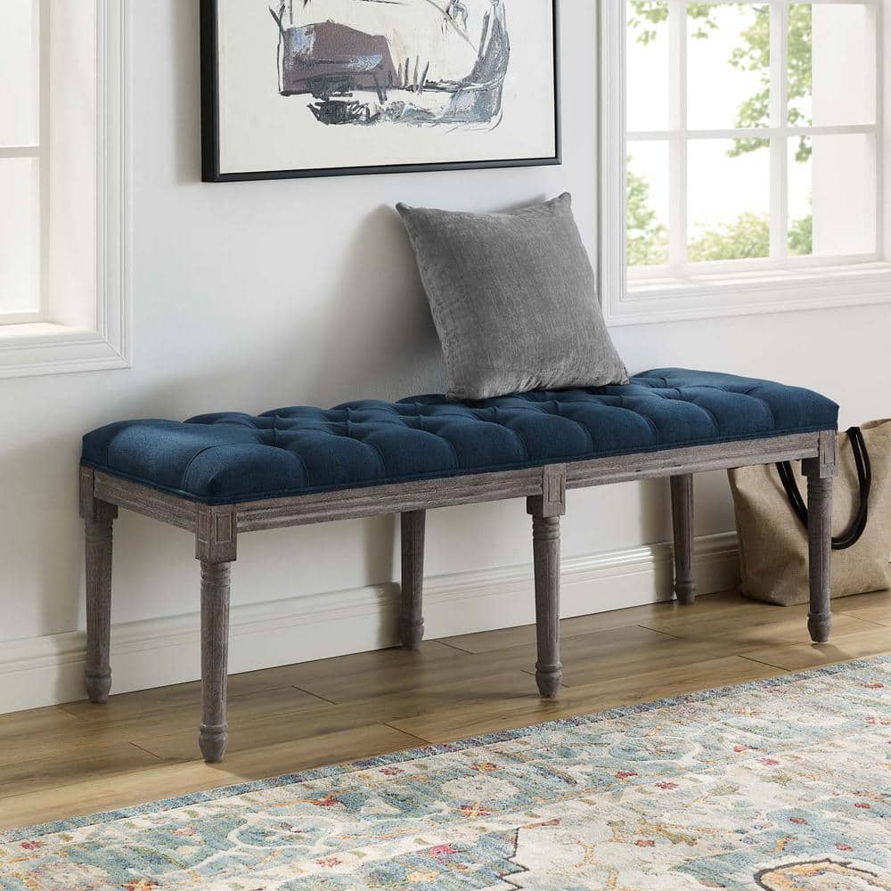 Navy French Vintage Upholstered Fabric Bench with Wood Legs