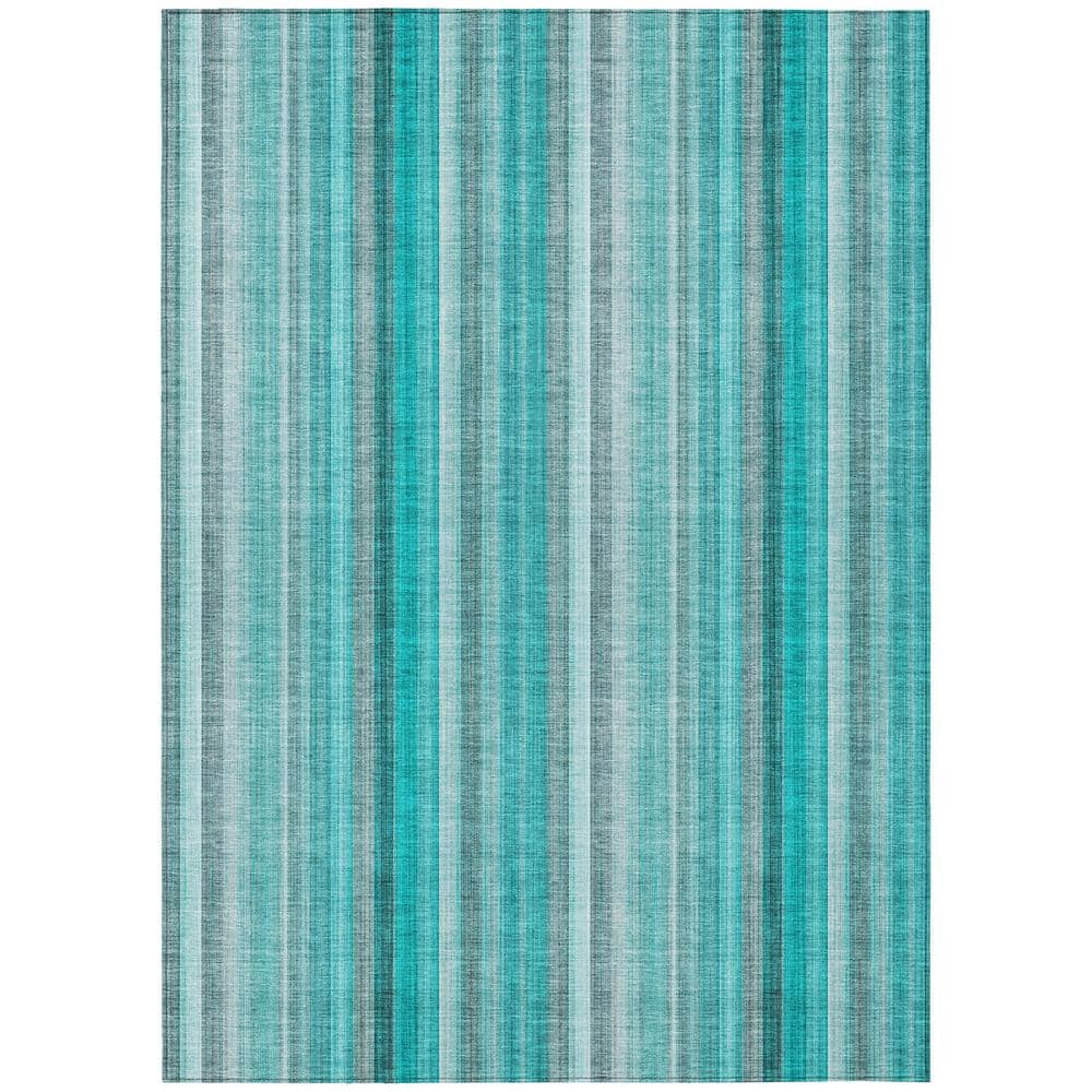 Teal and Gray Striped Synthetic Washable 3' x 5' Rug