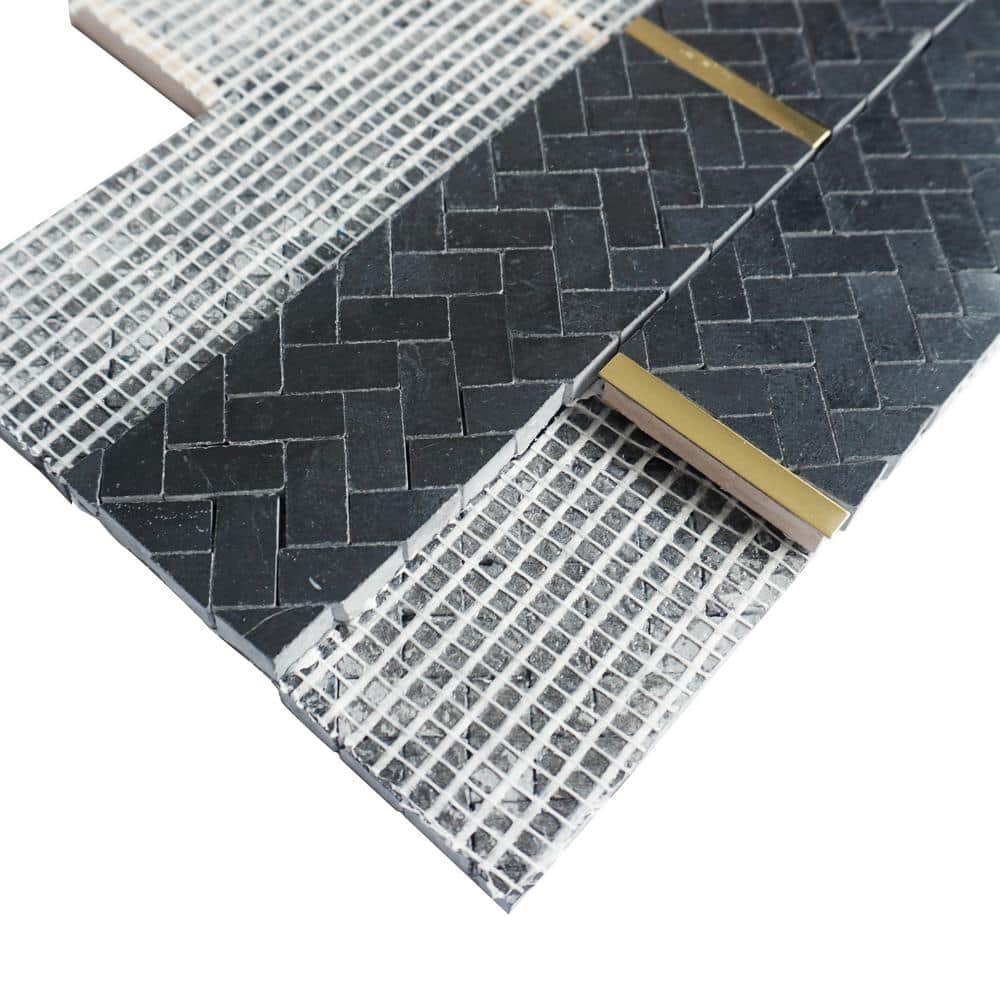 Black and Gold Polished Marble Brick Joint Mosaic Tile