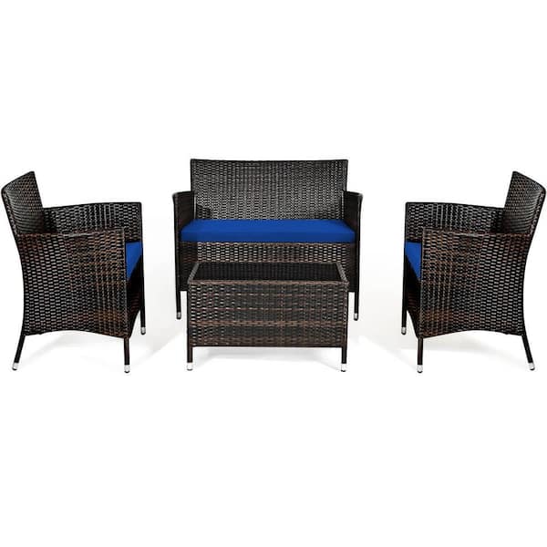 Gtnali 4-Piece Rattan Wicker Patio Conversation Set with Tempered Glass ...