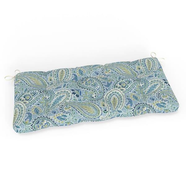 Pillow Perfect Paisley 44 in W x 3 in H Rectangular Outdoor Tufted Blown Bench Cushion with Ties 1-Count in Blue Arctic Stone