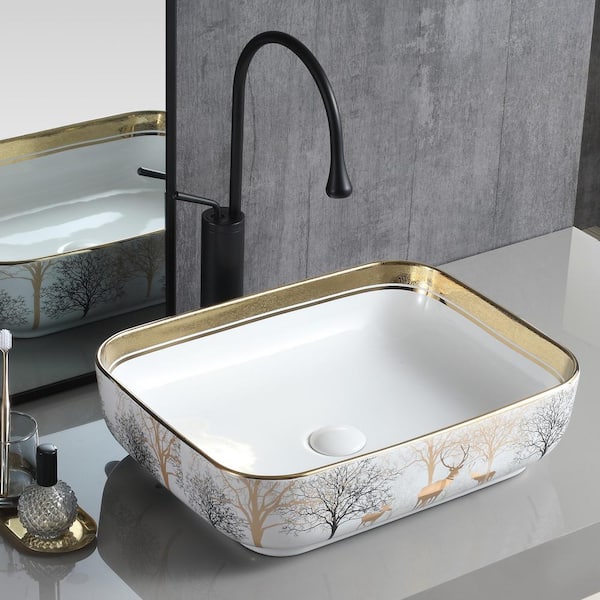 Zeus & Ruta 19.7 in. L x 15.7 in. W White Ceramic Rectangular Vessel Bathroom Sink with Pop Up Drain Without Faucet