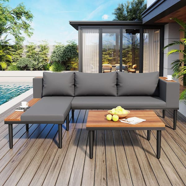 L-Shaped 2-Piece Acacia Wood and Iron Patio Conversation Furniture Sofa Set with Gray Cushions and Table
