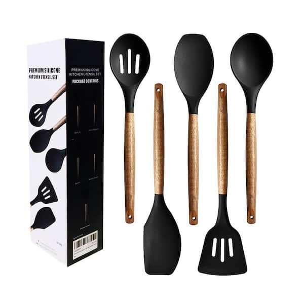 5-Piece Natural Acacia Wood Handle Silicone Non-Stick Cooking Utensil Set Heat Resistant Kitchen Accessory Set