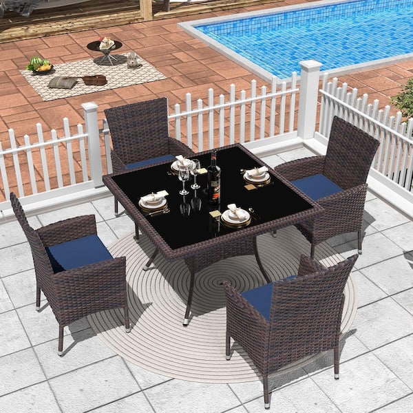 Brown 5-Piece Wicker Outdoor Dining Set with Square Tempered Glass Tabletop, Umbrella Hole and Cushion Navy Blue