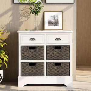 Rustic White Wooden Storage Cabinet Console Table with 2-Drawers and 4-Rattan Basket for Dining Room and Entryway