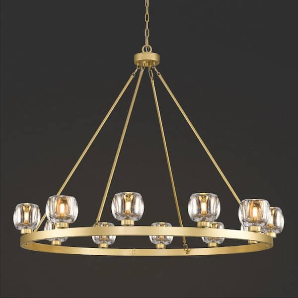 12 Lights 48 in. Dimmable LED Wagon Wheel Gold Chandelier with Glass Shade for Dinning Room Kitchen Island Foyer